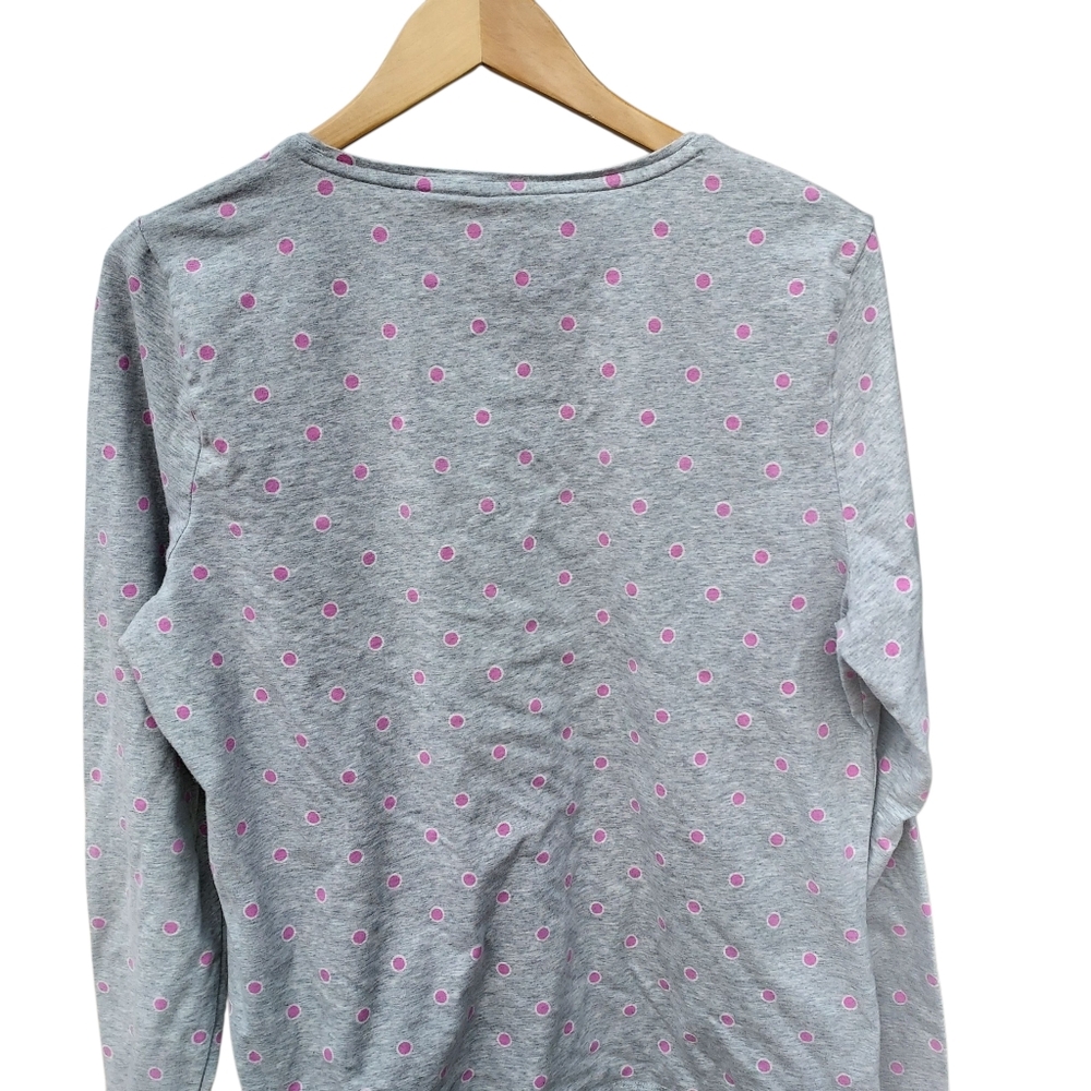 Talbots Top Womens XL Gray Long Sleeve Knit The Tee Pink Polka Dots Shirt